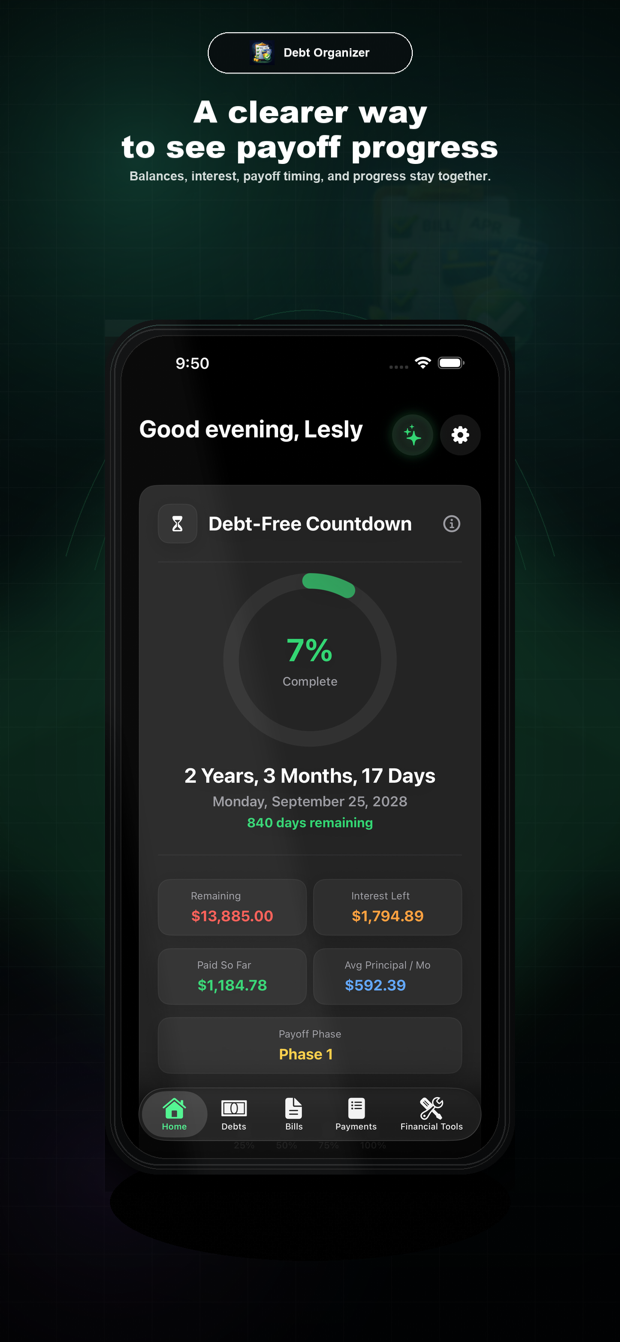 Debt Organizer home dashboard App Store preview