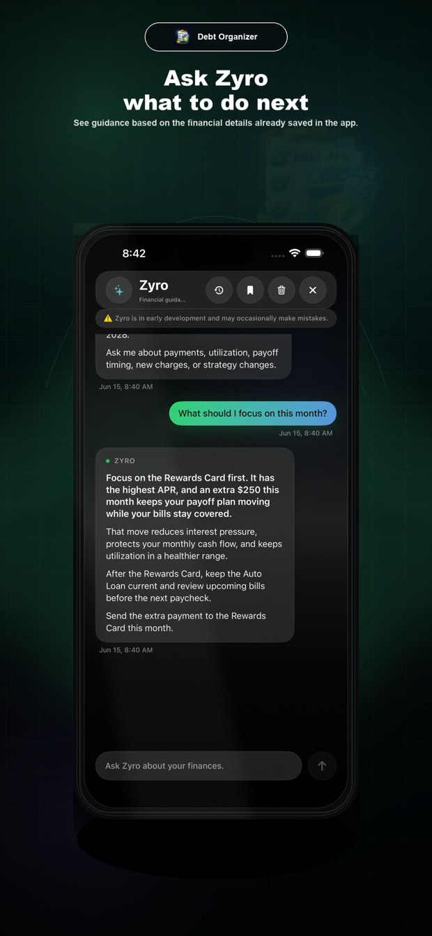 Debt Organizer Zyro conversation App Store preview