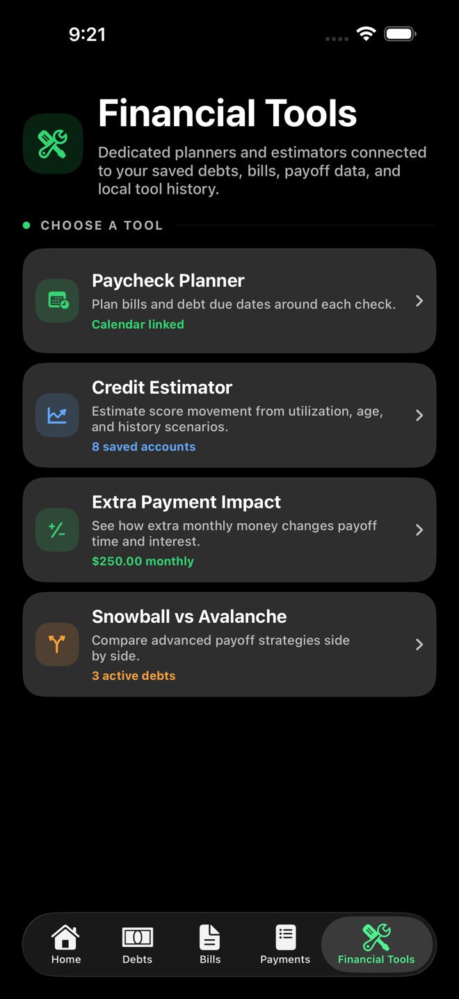 Debt Organizer Financial Tools screen