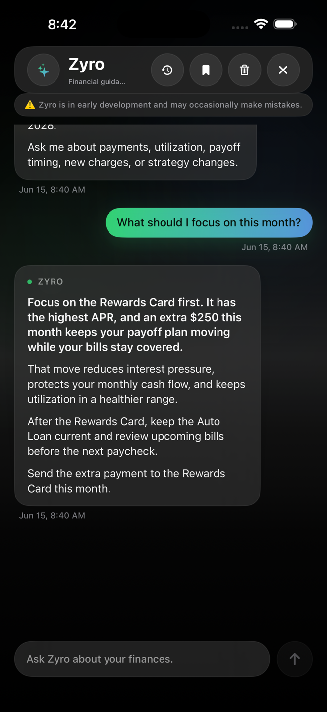 A conversation with Zyro about monthly payoff priorities